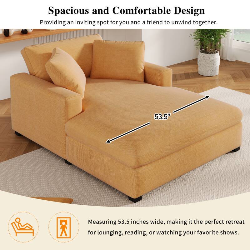 Yellow Modern 53.5" Chaise Lounge Chair with Solid Wood Legs and Pillows for Living Room