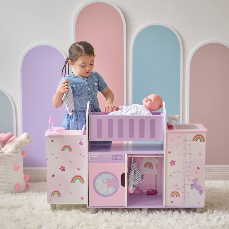 Teamson Kids Fantasy Care Wooden 6-in-1 Doll Nursery Pretend Play Set - Dollhouse with Furniture and Accessories, Toddler Gift