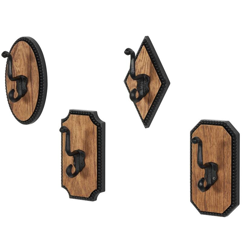 Brown Wooden Vintage Inspired Wall Hook with Black Beaded Frames and Varying Geometric Shapes (Set of 3 or 4)