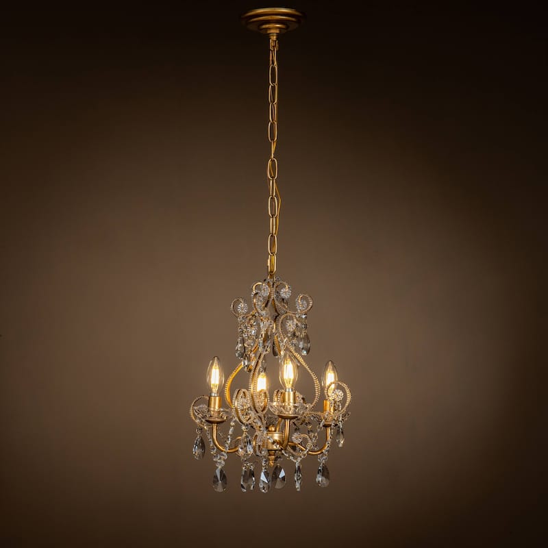 4-Lights Antique Gold Candlestick Chandelier 13in. Pendant Light with Crystal Teardrop Beads - 13 inches - Antique Gold