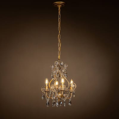 4-Lights Antique Gold Candlestick Chandelier 13in. Pendant Light with Crystal Teardrop Beads - 13 inches