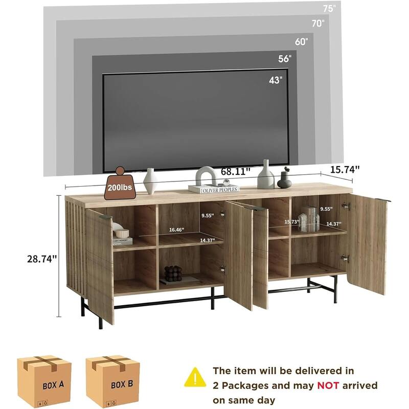 68" Mid-century TV Stand Entertainment Center with Adjustable Shelves 4 Doors & LED Light
