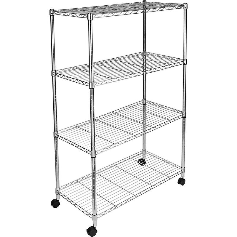 4-Shelf Iron Pantry Organizer with Wheels in Silver, Adjustable Heavy-Duty Storage Shelves