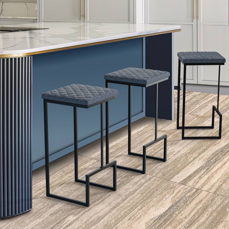 Quincy Leather Quilted Counter Height Barstool (Set of 2) with Upholstered Square Seats & Footrest for Home Bar & Kitchen