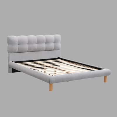 Stylish Upholstered Bed Frame with Cookie Headboard, Full/Queen/King, Soft Chenille Fabric, Rubber Wood Legs