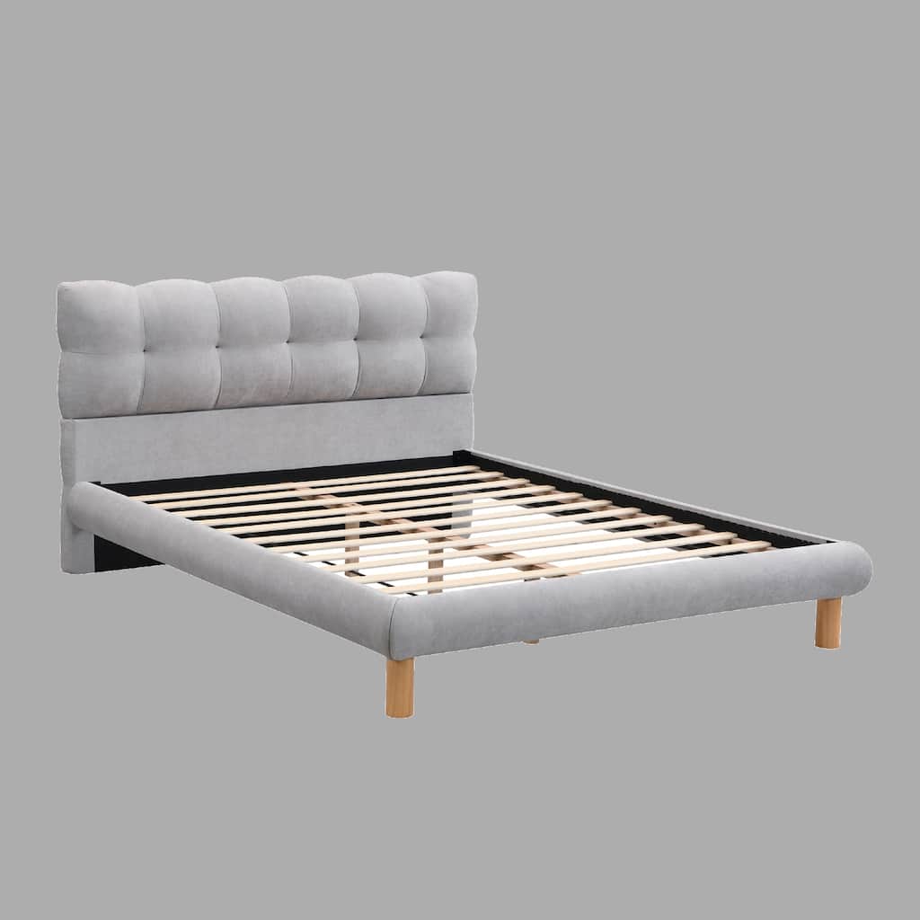 Stylish Upholstered Bed Frame with Cookie Headboard, Full/Queen/King, Soft Chenille Fabric, Rubber Wood Legs