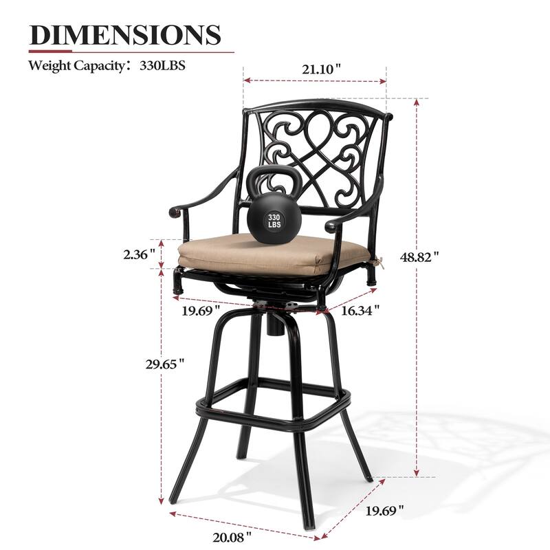 Set of 2/4 Outdoor Cast Aluminum Swivel Bar Stools with Sunbrella Fabric Cushion