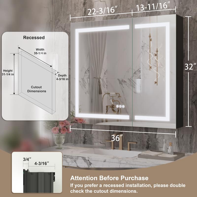 Rectangular Aluminum Recessed/Surface Mount Frameless Anti-Fog Medicine Cabinet with Dimmable LED Lights
