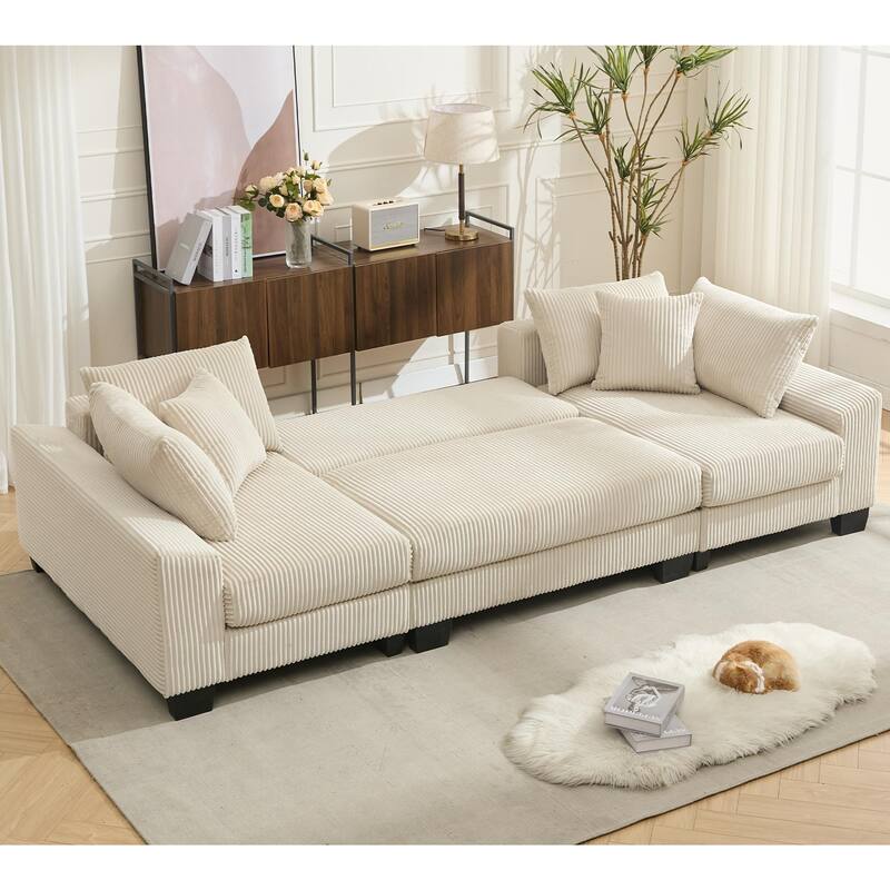 U Shaped Sofa Convertible Pull Out Sleeper Sofa Bed, 2 in 1 Recliner Sectional Couch, Corduroy Upholstery Daybed with Pillow