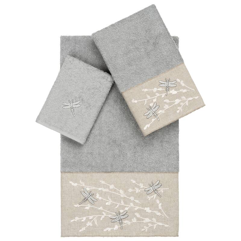 Authentic Hotel and Spa 100% Turkish Cotton Braelyn 3PC Embellished Towel Set - Light Gray