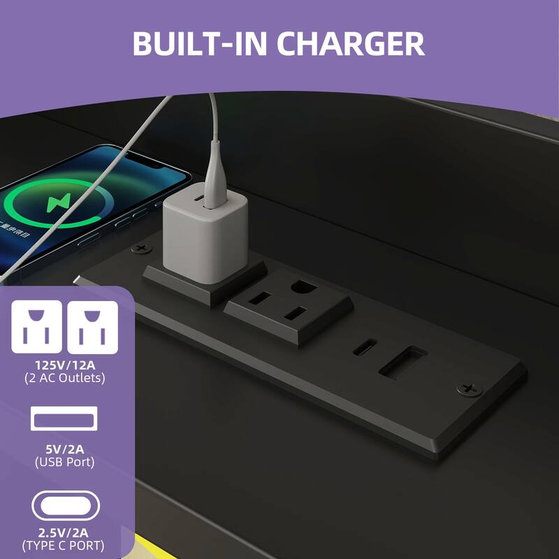 Black Farmhouse Bed Frame Upholstered Headboard Platform Bed with Charging Station