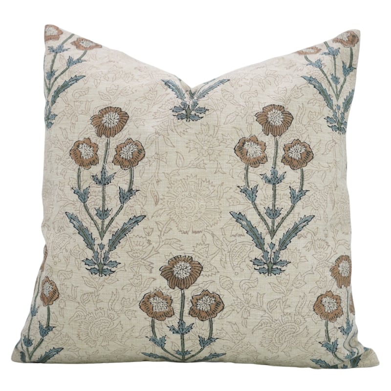 Fabdivine Hand Block Print Floral Pillow Cover Linen Cushion Case for Sofa Guest Room Fall Home Accent Gift, Shehjan - Amitabh- Brown, Blue - 24" x 24" - Pillow Covers