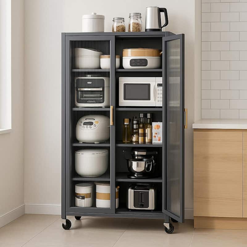 Homy Casa Grey Kitchen Pantry Cabinet Glass Doors, Drawers & Wheels - Grey