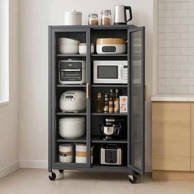 Homy Casa Grey Kitchen Pantry Cabinet Glass Doors, Drawers & Wheels