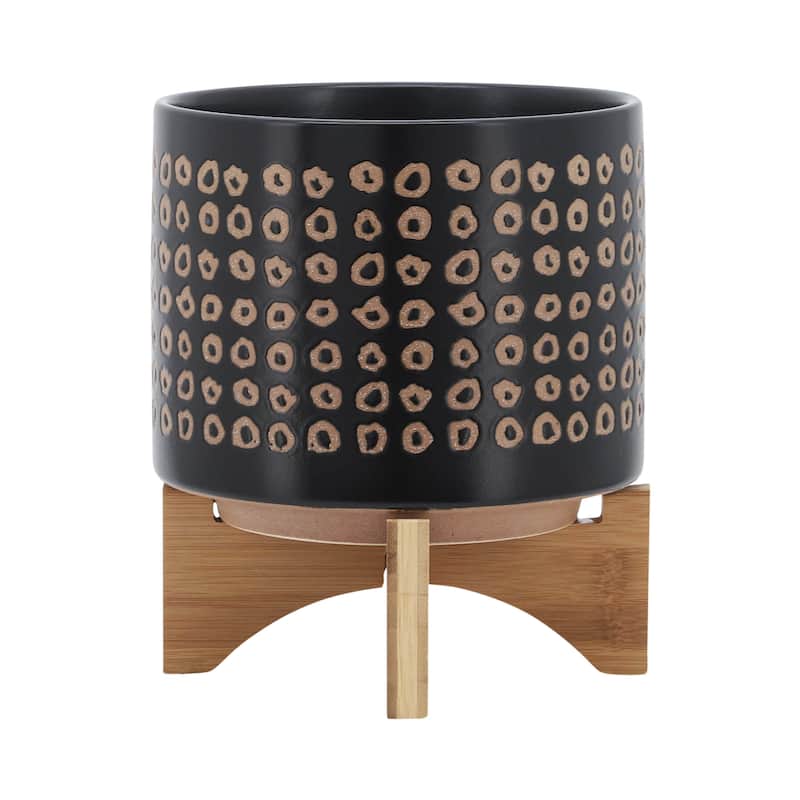 Sagebrook Home Neutral Tan and Brown Ceramic Dotted Planter with Wood Stand Indoor Outdoor