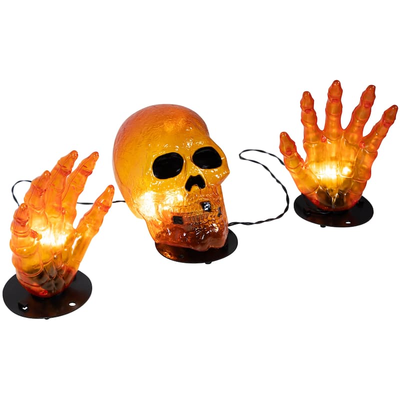 8.5" Lighted Orange Skull and Hands Outdoor Halloween Decoration - 4ft Black Wire