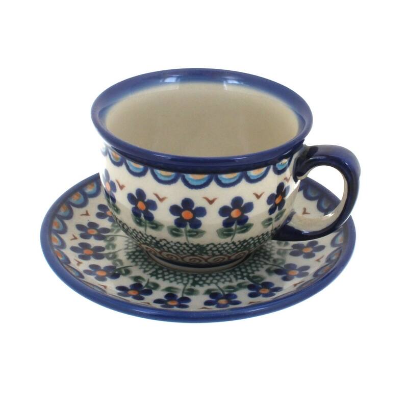 Blue Rose Polish Pottery 33 Vena Cup & Saucer - Aztec Flower