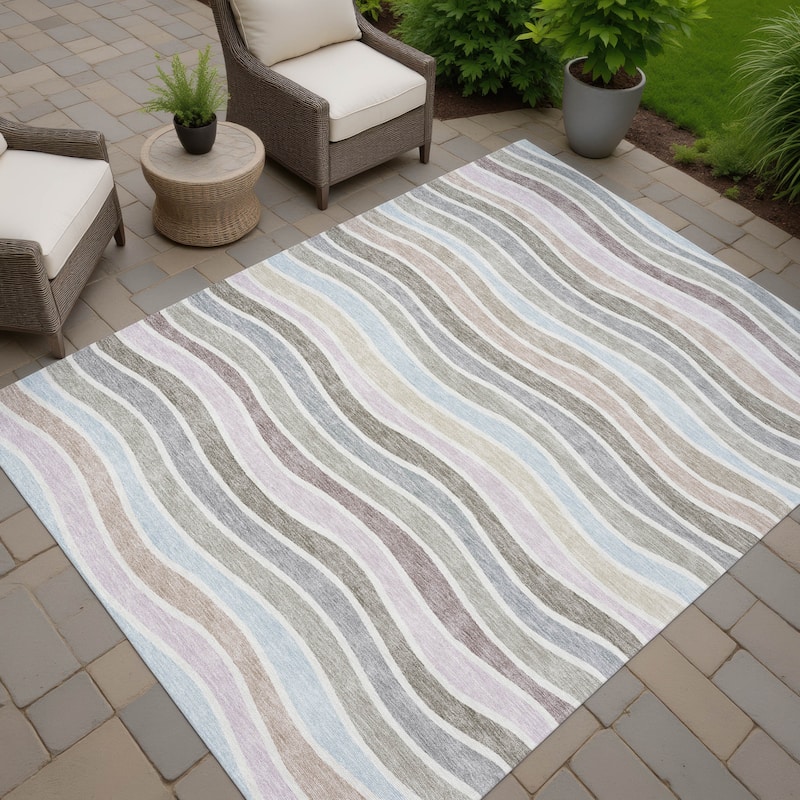 Machine Washable Indoor/ Outdoor Contemporary Stripe Chantille Rug - Tan - 8' x 10'