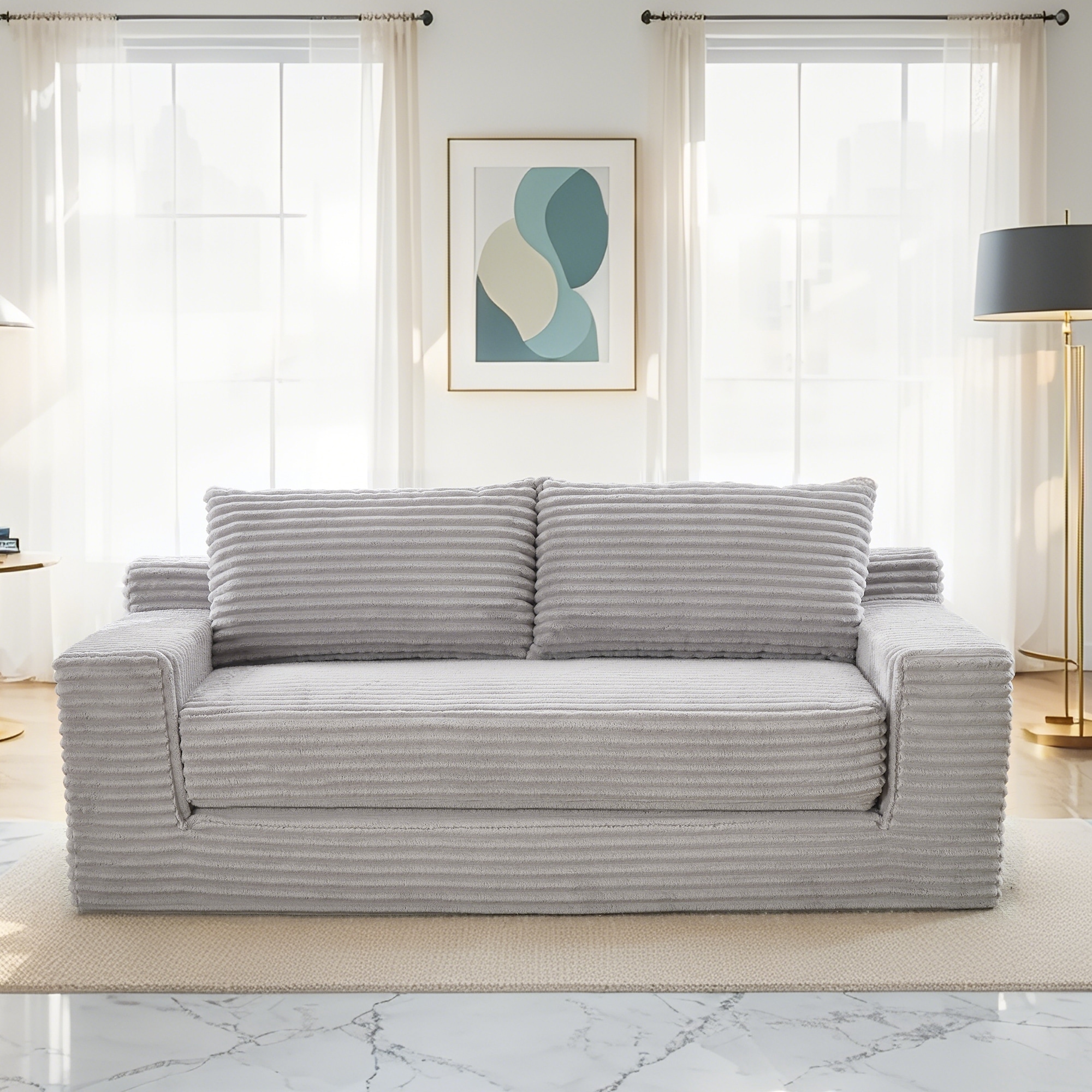 Minimalist Loveseat Sofa Bed with Steel Frame, 2-Seater Settee with Square Armrests for Living Room Apartment