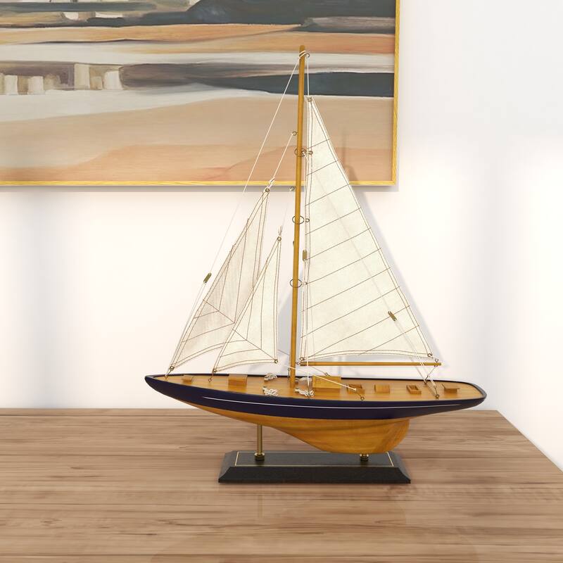 Brown Wood Sail Boat Decorative Sculpture with Beige and Navy Accents and Lifelike Rigging