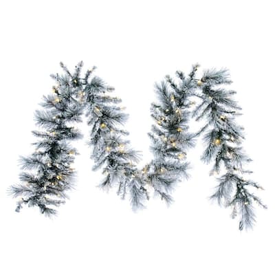 Vickerman 9' x 14" Flocked Jackson Pine Artificial Garland with 100 Dura-Lit® Warm White Mini Lights - Green, White - 9' x 14"