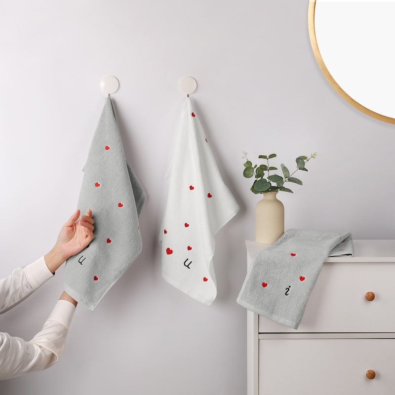 Valentine's Day Cotton Hand Towels Letter Heart Love Pattern Bathroom Decorative Absorbent Towel Set for Cleaning Drying - Pink - 2 Pack