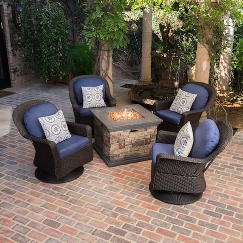 Alhambra Outdoor 5 Piece Wicker Swivel Club Chairs with Fire Pit by Christopher Knight Home