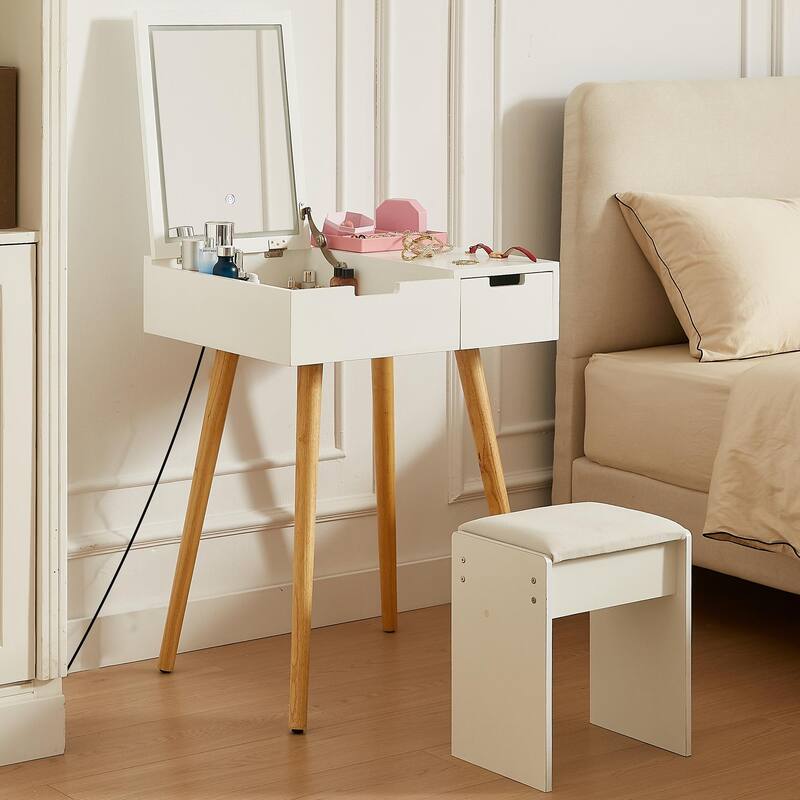 Small Makeup Vanity Table, Dresser Desk with 2 Drawers , Flip Top Mirror Organizer, Makeup Dressing Table