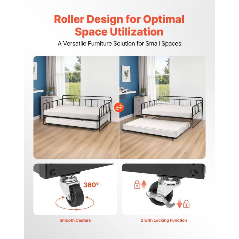 Full Size Daybed Frame with Trundle and Casters for Easy Movement