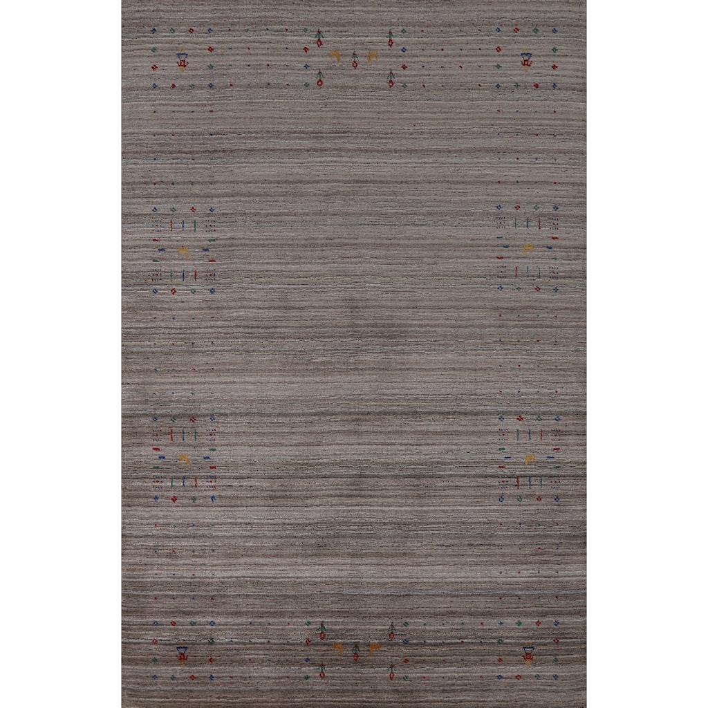 Hand Knotted Oriental 100% Wool Carpet Tribal Stripe Greys & Charcoal Gabbeh Area Rug - 8' 1'' X 5' 1''