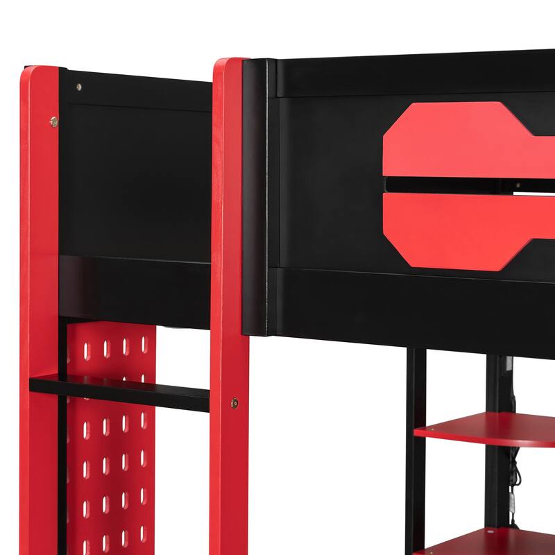 Full Size Gaming Loft Bed with Desk & Wardrobe, Wooden Storage Bed with RGB LED Lighting, Charging Station