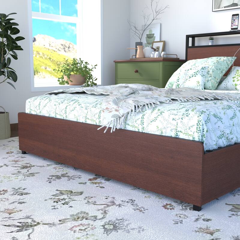 Storage Bed with 4 Drawers, Platform Bed with LED Lights and Storage Headboard Built-in Charging Station