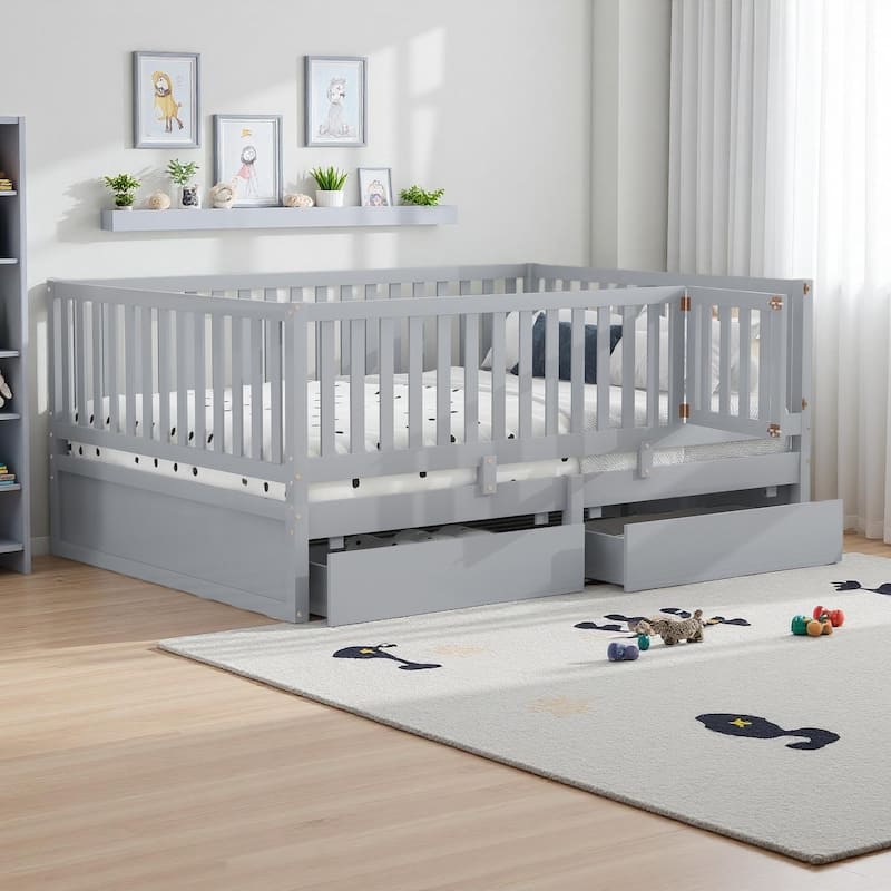Pine Wood Daybed with Removable Fence Guardrails & Dual Storage Drawers by Harper&Bright Designs - Grey - Full