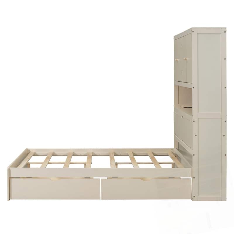 Full Size Wooden Platform Bed with USB and Drawers