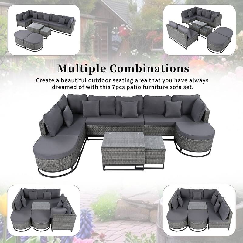 7-Piece Outdoor Wicker Sofa Set with Tempered Glass Coffee Table and Removable Cushions