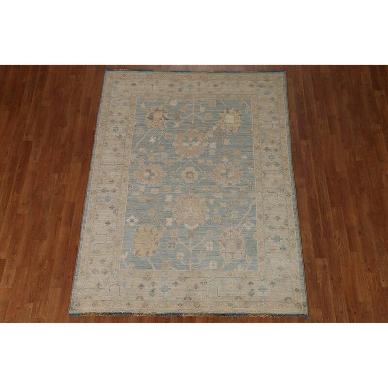 Vegetable Dye Blue Oushak Turkish Area Rug Hand-knotted Wool Carpet - 5'3" x 7'0"