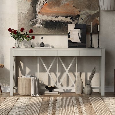 60''Acacia Veneer Console Table with 4 Spacious Drawers, Modern Crisscross Design Entryway Table with Open Bottom Storage
