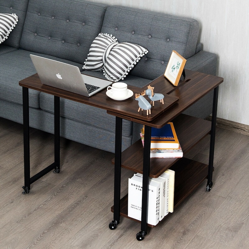 Gymax Walnut Sofa Side Table Rotating Bookcase End Table Patented - See Details