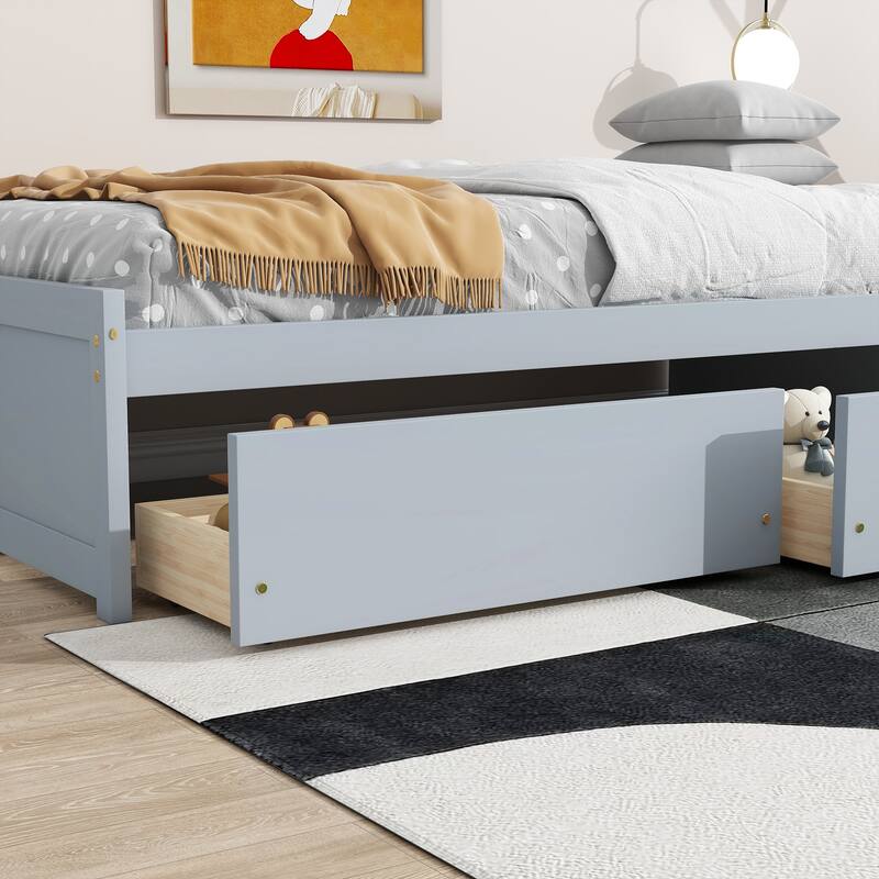 Wooden Twin Size Kids Bed with 2 Drawers, Solid Rubber Wood Platform Bed Frame, No Box Spring Needed