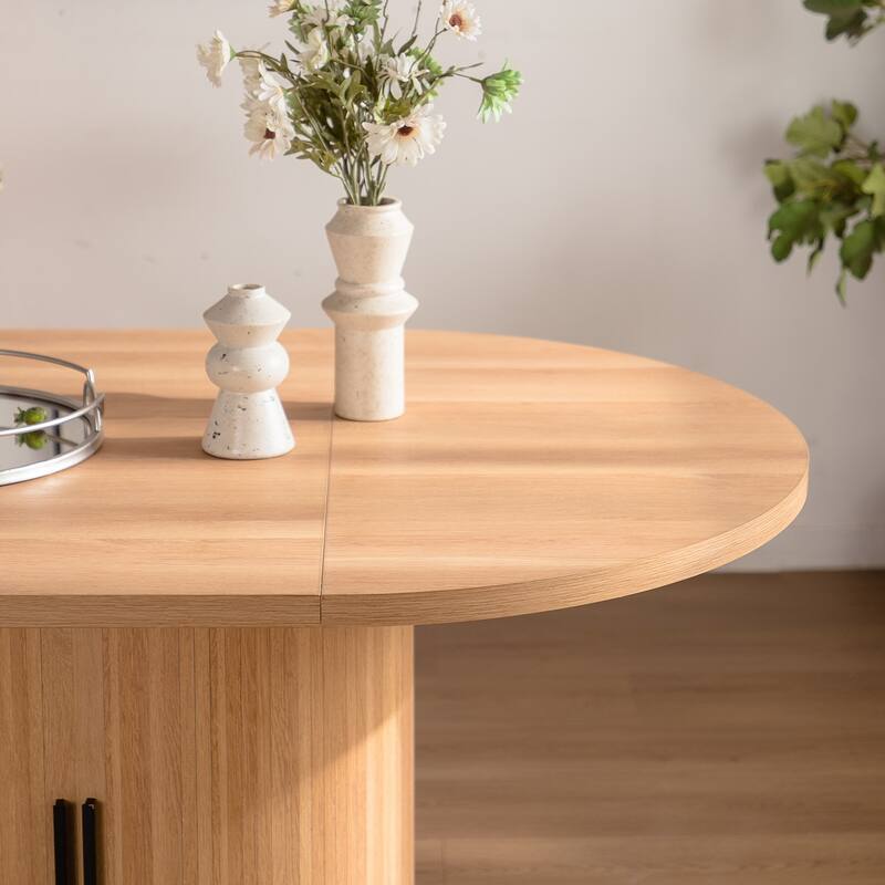 59" Modern Oval Dining Table with Storage Shelf, Wood Sliding Door Kitchen Table for 4-6 People
