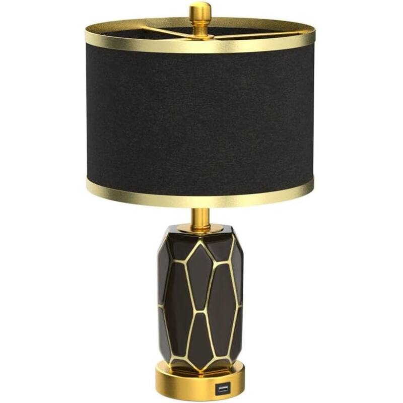 Ceramic Table Lamp with USB Port, Bedside Nightstand Lamp with Fabric Drum Shade
