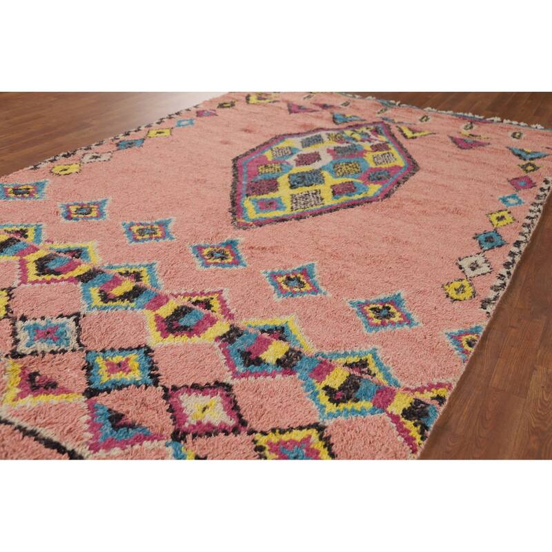 Pink Moroccan Oriental Area Rug Handmade Wool Carpet - 5'1" x 9'7"