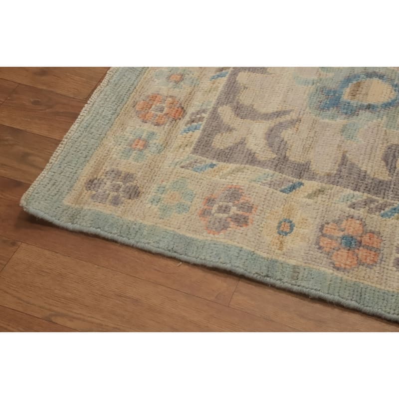Light Blue Floral Oushak Vegetable Dye Area Rug, Floral Geometric Carpet - 12' 5'' X 9' 4''
