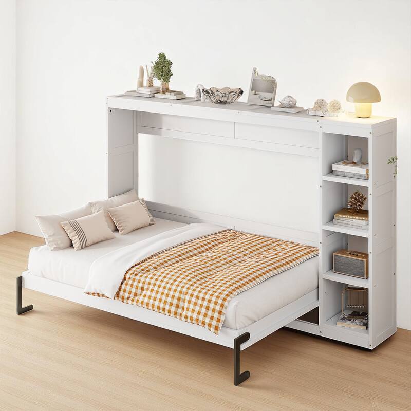 Foldable Full Murphy Bed with Side Bookshelves, Storage Rack and Slat Support, Space Saving Design