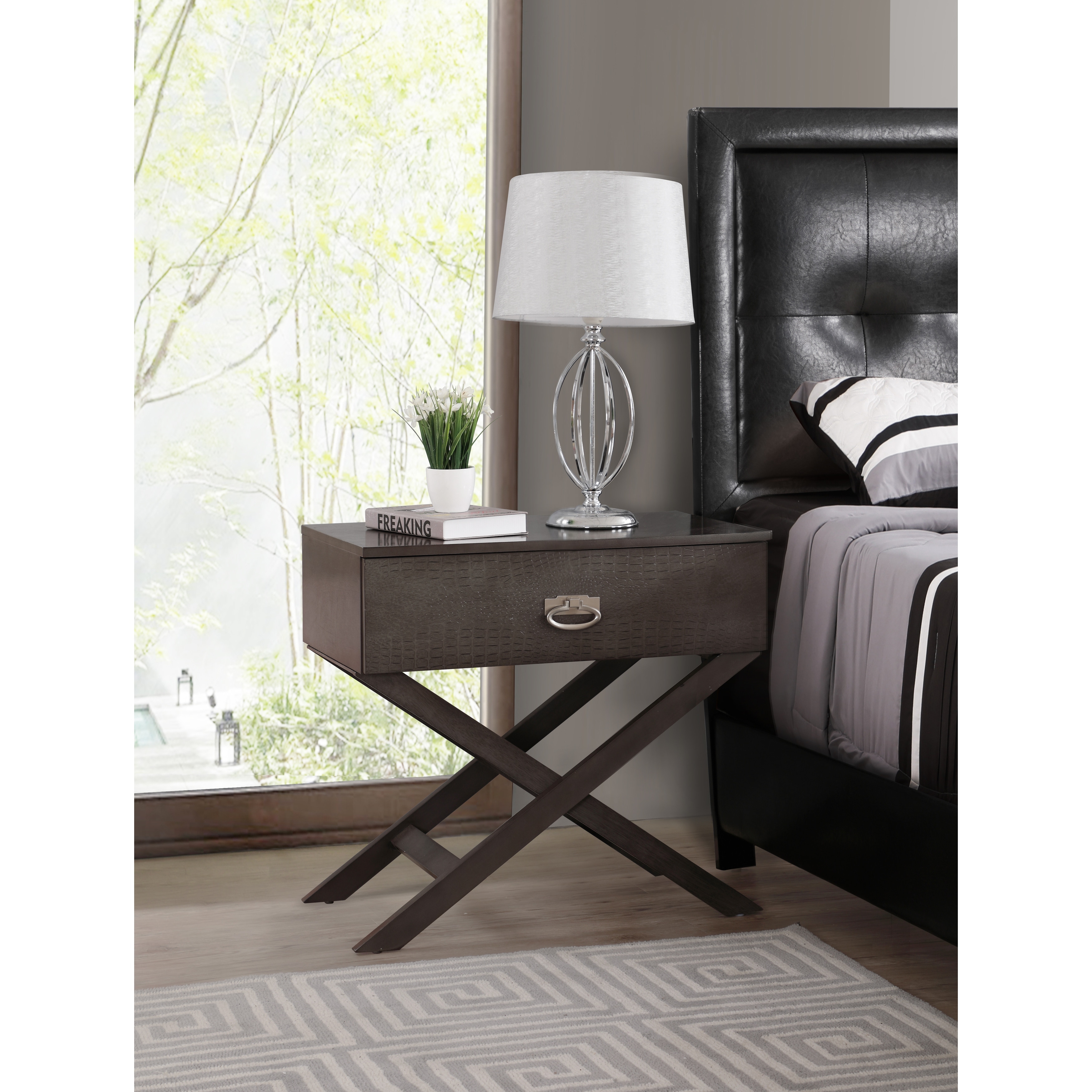 Modern 27 in Metal Hand Holder Single Drawer Wood Nightstand with Cross Legs