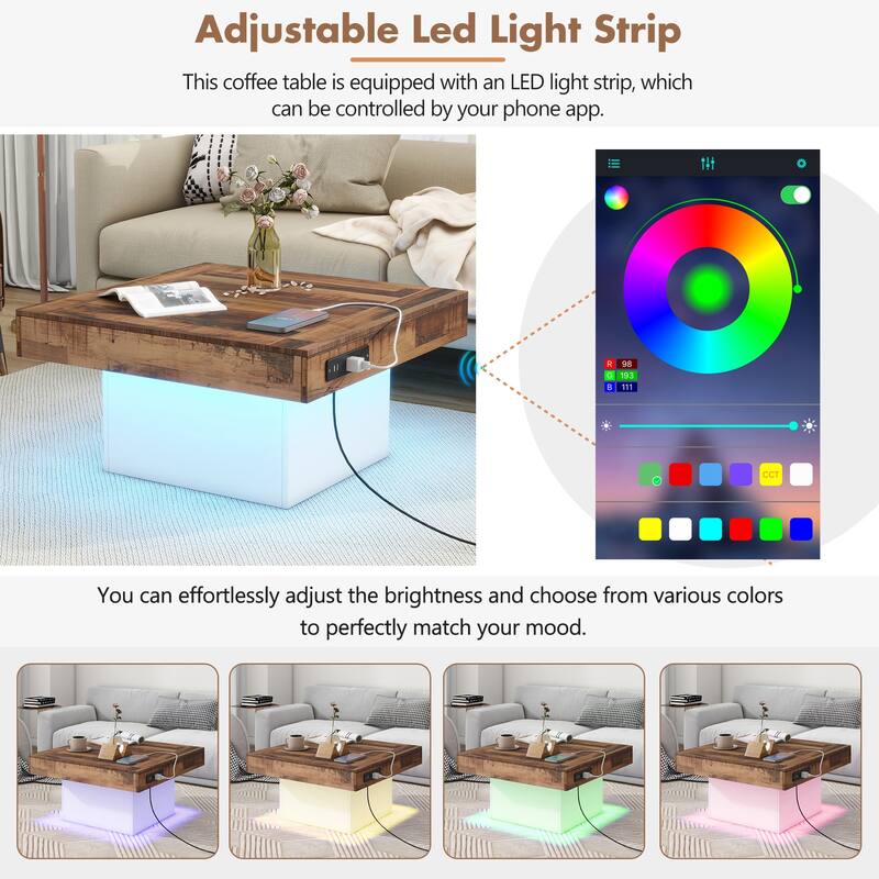 Farmhouse Coffee Table with 2 USB Ports, Outlets, Brown Spliced Wood Grain Center Table LED Square Cocktail Table