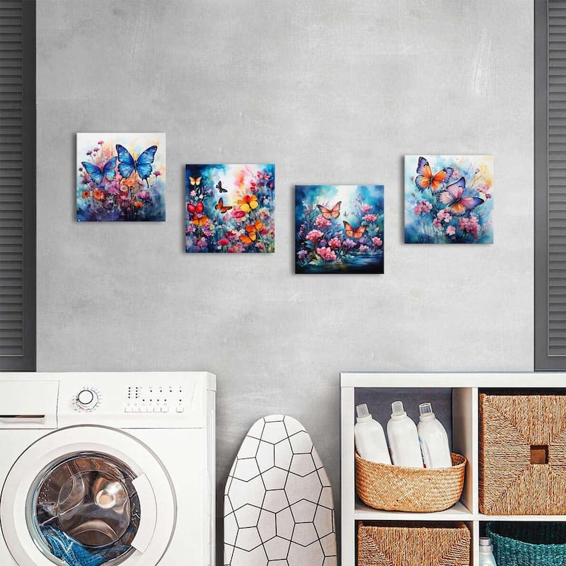 Blue Butterfly Canvas Wall Art Colorful Flower Pictures Abstract