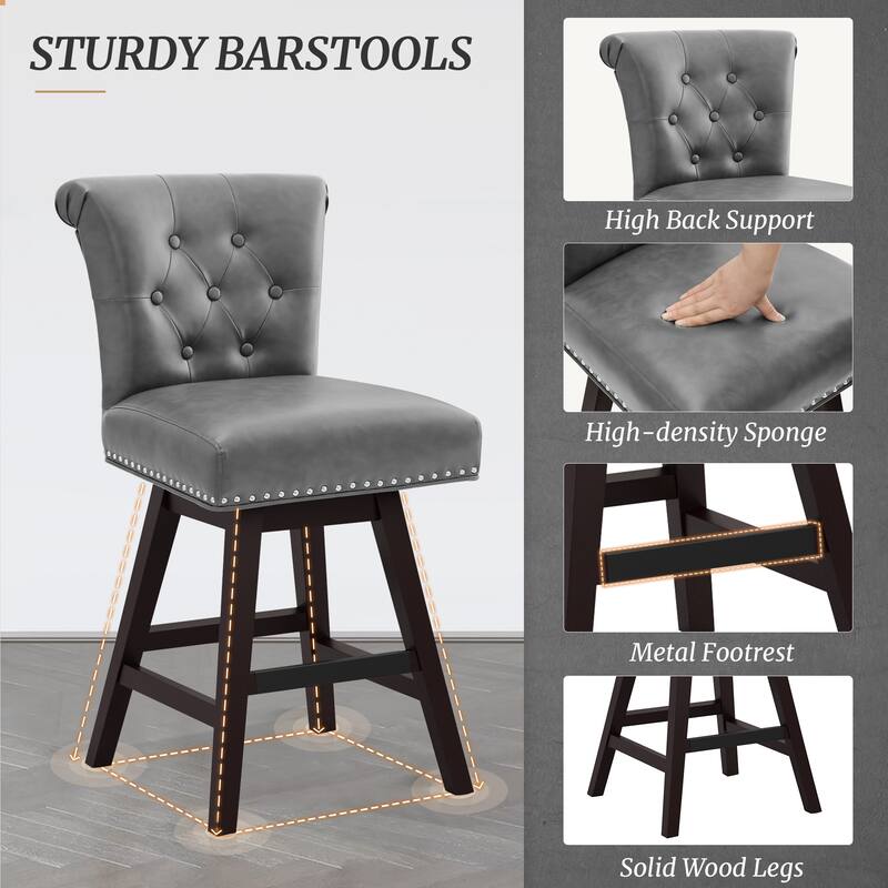 26 in. Set of 2 Bar Stools Counter Height Barstool 360° Swivel with Curved Backrest