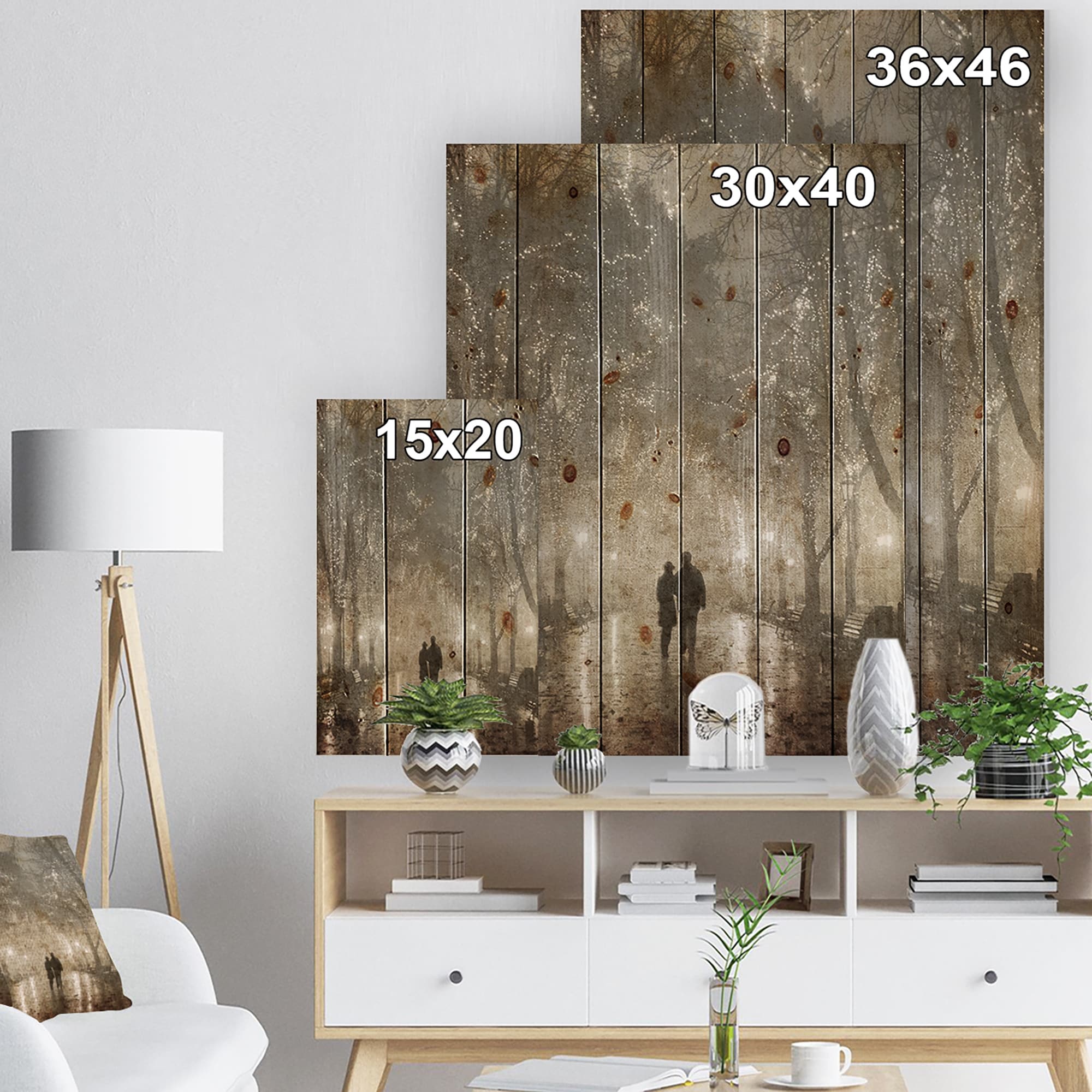 designart couple walking in night lights landscape photography print on natural pine wood multi color