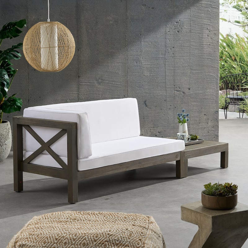 Brava Outdoor Acacia Wood Left Arm Loveseat and Coffee Table Set with Cushion by Christopher Knight Home - Gray/ White